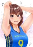  1girl armpits arms_behind_head arms_up blush highres open_mouth original sak1023 short_hair simple_background sweat tank_top 