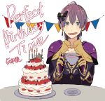  1girl absurdres bernadetta_von_varley cake candle cup earrings english_text fire_emblem fire_emblem:_three_houses food fruit gloves grey_eyes hair_ornament highres hirunesukix holding holding_cup jewelry long_sleeves open_mouth plate purple_hair simple_background solo strawberry table teacup upper_body white_background yellow_gloves 