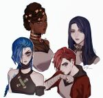  4girls arcane:_league_of_legends bangs bare_shoulders blue_hair braid breasts brown_eyes caitlyn_(league_of_legends) character_name closed_mouth cloud_tattoo collarbone cropped_torso dark-skinned_female dark_skin earrings hair_over_one_eye hood hood_down jacket jewelry jinx_(league_of_legends) kiyukyuu league_of_legends long_hair medium_breasts mel_(arcane) multiple_girls open_clothes open_jacket red_jacket redhead short_hair shoulder_tattoo signature simple_background tattoo twin_braids vi_(league_of_legends) white_background 