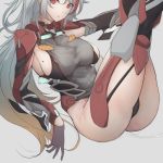  1girl absurdres azur_lane bodysuit boots breasts gloves grey_hair highres large_breasts legs_up long_hair looking_at_viewer mole mole_on_breast open_mouth prinz_eugen_(azur_lane) reclining red_eyes sideboob sketch solo thigh-highs thigh_boots thighs white_background work_in_progress yusha_(m-gata) 