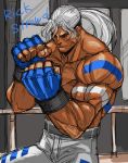  1boy abs brown_eyes character_name dark_skin earrings fatal_fury fingerless_gloves gloves grey_hair jewelry ponytail rick_strowd shirtless solo tattoo tetsu_(kimuchi) 