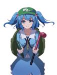  1girl backpack bag bangs blue_eyes blue_hair blue_shirt blue_skirt buttons crowbar cucumber diamond_(symbol) flat_cap green_headwear hair_bobbles hair_ornament hat kawashiro_nitori key long_sleeves looking_at_viewer remiria100 shirt short_twintails skirt skirt_set smile solo touhou twintails two_side_up 