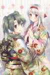  2girls alternate_costume brown_eyes dark_green_hair floral_print furisode green_eyes headband highres japanese_clothes kantai_collection kimono long_hair long_sleeves looking_back minakami_nagara multiple_girls obi red_headband sash shoukaku_(kantai_collection) smile white_hair wide_sleeves zuikaku_(kantai_collection) 