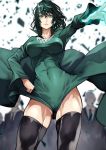  55level black_hair black_legwear chain_necklace covered_navel covered_nipples dress floating_rock fubuki_(one-punch_man) glowing glowing_hand green_dress green_eyes hand_on_hip high_collar highres medium_hair messy_hair no_bra one-punch_man taut_clothes taut_dress telekinesis thick_thighs thigh-highs thighs 
