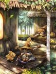  black_mage blue_robe cat chocobo final_fantasy final_fantasy_ix flower forest hat highres house leaf lily_pad looking_at_another nature pants pot staff striped striped_pants sui_(petit_comet) tree vivi_ornitier witch_hat wooden_floor yellow_eyes 