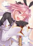  1boy astolfo_(fate) astolfo_(saber)_(fate) bangs black_bow black_gloves black_ribbon bow bowtie commentary_request eyebrows_visible_through_hair fang fate/grand_order fate_(series) gloves hair_between_eyes hair_bow hair_intakes hair_ribbon highres long_hair long_sleeves looking_at_viewer multicolored_hair one_eye_closed otoko_no_ko pink_hair ribbon simple_background smile solo star streaked_hair sumomo7317 sword twintails violet_eyes weapon white_hair 