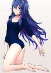  1girl ameno_(a_meno0) bangs bare_legs barefoot blue_eyes blue_hair blush breasts closed_mouth clothing_request collarbone fire_emblem fire_emblem_awakening grey_background hair_between_eyes hair_spread_out legs long_hair looking_at_viewer lucina lucina_(fire_emblem) shiny shiny_hair sidelocks simple_background small_breasts soles solo tiara 
