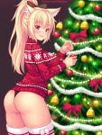  1girl :d animal_ear_fluff animal_ears ass bangs black_panties blonde_hair blush bow breasts cat_ears christmas christmas_ornaments christmas_tree commentary diagonal-striped_bow english_commentary eyebrows_visible_through_hair fang fast-runner-2024 glint hair_between_eyes hair_bow high_ponytail highres holding large_breasts long_hair long_sleeves looking_at_viewer looking_to_the_side open_mouth original panties patreon_username ponytail red_bow red_eyes red_sweater sidelocks smile solo striped striped_bow sweater thigh-highs tiffy_(fast-runner-2024) underwear watermark web_address 