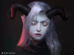  1girl blank_eyes commission dark_background demon_girl elf horns nextoad original pale_skin pointy_ears portrait scales scarf silver_hair simple_background solo 