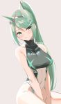  1girl bangs blush breasts gem green_eyes green_hair hair_ornament headpiece jewelry large_breasts long_hair looking_at_viewer medium_breasts one-piece_swimsuit pneuma_(xenoblade) ponytail sitting skeptycally smile solo spoilers swept_bangs swimsuit tiara xenoblade_(series) xenoblade_2 
