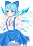  1girl :3 absurdres bangs blue_bow blue_eyes blue_hair blue_skirt blush bow cirno commentary cowboy_shot eyebrows_visible_through_hair hair_bow hands_up highres ice ice_wings long_sleeves looking_at_viewer neck_ribbon red_neckwear red_ribbon ribbon shiki_(s1k1xxx) shirt short_hair skirt solo suspender_skirt suspenders touhou white_background white_shirt wings 