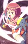  1girl :d capcom gloves green_eyes harp_note hibiki_misora hood hoodie looking_at_viewer minokurage musical_note open_mouth purple_hair reaching_out rockman ryuusei_no_rockman short_hair signature smile solo transforming_clothes twitter_username 