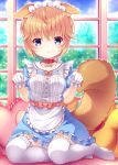  1girl :o animal_ear_fluff animal_ears apron bangs blue_dress blue_eyes blush bow brown_hair collar collared_dress commentary_request copyright_request day dress eyebrows_visible_through_hair frilled_apron frilled_legwear frilled_pillow frills gloves hair_between_eyes hands_up heart heart_pillow highres indoors maid_headdress no_shoes parted_lips pillow puffy_short_sleeves puffy_sleeves red_bow red_collar short_hair short_sleeves sitting solo tail thigh-highs virtual_youtuber waist_apron white_apron white_gloves white_legwear window yokozuwari yuku_(kiollion) 