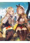  2girls :t apple atelier_(series) atelier_ryza belt blonde_hair boots breasts bright_pupils brown_eyes brown_hair brown_legwear day dress eating elbow_gloves food fruit gloves green_eyes hair_ornament hairband hairclip hamburger hat highres klaudia_valentz long_hair medium_breasts multiple_girls official_art one_eye_closed outdoors page_number pantyhose partly_fingerless_gloves reisalin_stout short_dress short_shorts shorts single_glove single_sidelock sitting smile thigh-highs thigh_boots toridamono white_gloves 