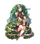  1girl braid christmas_ornaments closed_mouth conope fire_emblem fire_emblem:_three_houses fire_emblem_heroes full_body fur_trim green_eyes green_hair hair_ornament long_hair pointy_ears shoes simple_background smile solo sothis_(fire_emblem) tiara twin_braids twitter_username white_background 