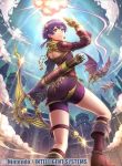  1girl armor arrow bernadetta_von_varley bike_shorts boots bow_(weapon) closed_mouth company_name copyright_name dragon dress earrings fire_emblem fire_emblem:_three_houses fire_emblem_cipher from_behind fumi_(butakotai) gloves grey_eyes hair_ornament holding holding_bow_(weapon) holding_weapon jewelry long_sleeves looking_back official_art purple_hair quiver short_dress sky solo_focus thigh_strap weapon wyvern yellow_gloves 