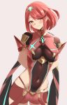  1girl armor bangs blush breasts covered_navel gem hair_ornament headpiece pyra_(xenoblade) jewelry large_breasts looking_at_viewer red_eyes red_shorts redhead short_shorts shorts shoulder_armor skeptycally smile solo source_request standing swept_bangs tiara xenoblade_(series) xenoblade_2 