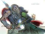  2boys armor beard black_hair blonde_hair brothers crystal facial_hair fighting handle liduke loki_(marvel) long_hair male_focus marvel mjolnir multiple_boys siblings thor_(marvel) weapon 