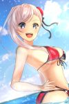  1girl :d asymmetrical_hair bangs bikini black_ribbon blue_eyes breasts fate/grand_order fate_(series) hair_bun hair_ribbon hand_on_hip highres looking_at_viewer luxunshangxiang medium_breasts miyamoto_musashi_(fate/grand_order) miyamoto_musashi_(swimsuit_berserker)_(fate) navel open_mouth print_bikini red_bikini ribbon sideboob silver_hair smile solo star star_print striped swept_bangs swimsuit under_boob vertical-striped_bikini vertical_stripes wading 