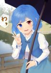  1girl absurdres arm_up blue_eyes blue_hair blue_skirt blue_vest blurry blurry_background bridge commentary_request cowboy_shot day depth_of_field head_tilt heterochromia highres holding holding_umbrella juliet_sleeves kanpa_(campagne_9) leaning_forward long_sleeves open_clothes open_mouth open_vest outdoors puffy_sleeves railing red_eyes river shirt short_hair skirt solo standing tatara_kogasa teeth touhou translated umbrella vest white_shirt wooden_railing 