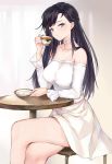  1girl aimee_(emi) bangs bare_legs bare_shoulders black_hair blue_eyes breasts chair collarbone commentary_request crossed_legs cup dress eyebrows_visible_through_hair holding holding_cup long_hair long_sleeves looking_at_viewer off-shoulder_dress off_shoulder original revision saucer sitting solo table tea teacup white_dress 