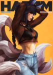  1girl absurdres adjusting_hair ahri animal_ears arms_up black_bikini_top black_choker black_hair blue_pants braid breasts cameo choker commentary cover crop_top denim english_commentary eyeshadow eyewear_hang eyewear_removed fake_magazine_cover fox_ears fox_tail highres jeans k/da_(league_of_legends) league_of_legends lips long_braid long_hair magazine_cover makeup medium_breasts midriff monori_rogue multiple_tails navel nose pants see-through single_braid slender_waist solo sunglasses tail violet_eyes whisker_markings 