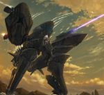  1girl ace_combat ace_combat_7 alicorn_(ace_combat) arms_up clouds cloudy_sky commentary_request gun highres laser_beam long_hair machine_gun mecha_musume missile missiles mountain open_mouth outdoors outstretched_arms personification red_eyes robot sky tom-neko_(zamudo_akiyuki) weapon white_hair 