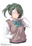  1girl alternate_costume bag blush bow bowtie ebifurya eyebrows_visible_through_hair eyepatch green_hair hair_between_eyes hair_ornament hairclip highres kantai_collection kiso_(kantai_collection) long_hair long_sleeves looking_at_viewer school_uniform shirt short_hair simple_background sweater_vest twitter_username white_background white_shirt 