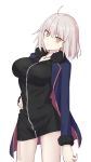  bangs black_dress breasts coat dress elfenlied22 fate/grand_order fate_(series) fur-trimmed_coat fur-trimmed_sleeves fur_trim highres jeanne_d&#039;arc_(alter)_(fate) jeanne_d&#039;arc_(fate)_(all) large_breasts short_hair silver_hair tsurime wicked_dragon_witch_ver._shinjuku_1999 yellow_eyes 