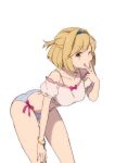  1girl bent_over bikini blonde_hair blue_bikini blue_nails bracelet brown_eyes collarbone crop_top djeeta_(granblue_fantasy) granblue_fantasy hair_intakes hand_on_lap jewelry midriff mifuta multicolored multicolored_nails nail_polish pink_nails shiny shiny_hair short_hair simple_background solo standing stomach striped_bikini_bottom swimsuit white_background 