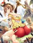  1girl artist_name ass atelier_(series) atelier_ryza barefoot bird blush brown_eyes brown_gloves brown_hair closed_mouth dated from_behind gloves grass hair_ornament hairclip hat highres holding holding_staff light_rays looking_at_viewer looking_back pout red_shorts reisalin_stout short_shorts shorts sitting solo staff sunbeam sunlight tears tel-o thigh-highs torn_clothes torn_legwear torn_shorts white_headwear white_legwear 
