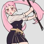  1girl artist_name axe belt do_m_kaeru fire_emblem fire_emblem:_three_houses garreg_mach_monastery_uniform grey_background hilda_valentine_goneril holding holding_axe long_hair open_mouth pink_eyes pink_hair simple_background solo twintails uniform 