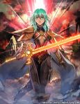  1girl breasts byleth_(fire_emblem) byleth_eisner_(female) cape center_opening company_name copyright_name fire_emblem fire_emblem:_three_houses fire_emblem_cipher green_eyes green_hair holding holding_sword holding_weapon medium_hair nij_24 official_art pantyhose shoulder_armor solo sword thigh_strap under_boob weapon 