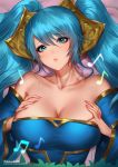  1girl bare_shoulders bed_sheet blue_eyes blue_hair blush breasts closed_mouth collarbone eyebrows_visible_through_hair hair_between_eyes heheneko league_of_legends musical_note signature solo sona_buvelle twintails 