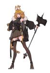  1girl absurdres animal_ears arknights black_jacket blonde_hair earrings fur_trim hand_on_hand high_heels highres holding holding_weapon jacket jewelry medium_hair simple_background skirt standing tail weapon white_background xtears_kitsune 