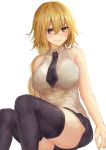  1girl absurdres bare_shoulders black_legwear black_neckwear blonde_hair blush breasts closed_mouth commentary_request fate/apocrypha fate_(series) highres hoshibudou jeanne_d&#039;arc_(fate)_(all) large_breasts long_braid long_hair looking_at_viewer see-through solo thigh-highs violet_eyes 