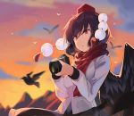  1girl bangs bird black_hair black_skirt black_wings breasts camera clouds commentary_request eyebrows_visible_through_hair feathered_wings hair_between_eyes hat highres holding holding_camera long_sleeves medium_breasts outdoors parted_lips pom_pom_(clothes) red_eyes red_scarf rin_falcon scarf shameimaru_aya short_hair skirt solo sunset tassel tokin_hat touhou upper_body wings 