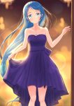  1girl alternate_costume aomi_one bangs bare_arms bare_shoulders blue_eyes blue_hair blurry blurry_background blush breasts collarbone commentary_request dress earrings eyebrows_visible_through_hair floating_hair highres jewelry kantai_collection long_hair looking_at_viewer necklace purple_dress samidare_(kantai_collection) sidelocks skirt_hold sleeveless sleeveless_dress small_breasts smile solo strapless strapless_dress swept_bangs very_long_hair 