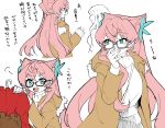  1girl aqua_eyes clothes_hanger glasses highres long_coat long_hair maria_cadenzavna_eve ochiba_(sakusaku_ochiba) partially_colored pink_hair senki_zesshou_symphogear sweater white_background 