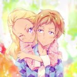  1boy 1girl ;) amamiya_erena amamiya_touma blonde_hair blurry blurry_background blush brother_and_sister brown_hair cardigan commentary_request dark_skin face forehead frown highres hug hug_from_behind kyoutsuugengo long_hair long_sleeves looking_at_another older one_eye_closed open_cardigan open_clothes portrait precure shirt siblings smile star_twinkle_precure sweatdrop upper_body violet_eyes 