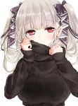  1girl adjusting_clothes azur_lane blush breasts ekuramani eyebrows_visible_through_hair eyes_visible_through_hair formidable_(azur_lane) hair_ribbon highres large_breasts long_hair long_sleeves looking_at_viewer red_eyes ribbed_sweater ribbon silver_hair sleeves_past_wrists solo sweater twintails 