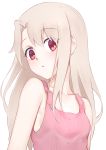  1girl bangs bare_shoulders blonde_hair blush breasts collarbone commentary_request dress eyebrows_visible_through_hair fate/kaleid_liner_prisma_illya fate_(series) highres illyasviel_von_einzbern jilu long_hair looking_at_viewer parted_lips pink_dress red_eyes simple_background small_breasts solo white_background 
