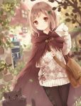  1girl absurdres argyle argyle_legwear argyle_sweater bag bird blurry blurry_background brown_hair cape cat commentary envelope fantasy highres looking_at_viewer original outdoors pantyhose plant red_eyes sweater tukimisou0225 