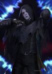  1boy black_pants cape cloak coat cracked_skin devil_may_cry_5 fingerless_gloves gloves grey_hair hood looking_at_viewer male_focus nextoad open_clothes open_coat pants portal_(object) red_eyes silver_hair solo standing vergil 