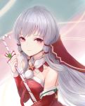  1girl alternate_costume bare_shoulders blush breasts candy candy_cane closed_mouth commentary detached_sleeves fire_emblem fire_emblem:_three_houses food fur-trimmed_dress fur-trimmed_sleeves fur_trim gradient gradient_background hair_ornament holding leonmandala light_trail long_hair long_sleeves looking_at_viewer lysithea_von_ordelia mixed-language_commentary pom_pom_(clothes) red_eyes santa_costume silver_hair small_breasts smile solo star star_hair_ornament straight_hair tassel upper_body veil very_long_hair 