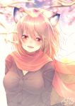  1girl :d animal_ear_fluff animal_ears bangs black_jacket blurry blurry_background blurry_foreground blush breasts brown_hair chita_(ketchup) commentary_request depth_of_field eyebrows_visible_through_hair fangs fox_ears fox_girl fox_tail hair_between_eyes highres jacket long_hair looking_at_viewer medium_breasts mole mole_under_eye open_mouth original red_eyes red_scarf scarf signature smile solo tail tail_raised tree_branch upper_teeth 