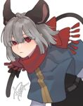  1girl animal_ears black_bow black_skirt black_vest bow capelet diamond-shaped_pupils eyebrows_visible_through_hair grey_hair highres long_sleeves looking_at_viewer mouse_ears mouse_tail nazrin prat_rat red_eyes red_scarf scarf scarf_bow shirt short_hair signature simple_background skirt solo symbol-shaped_pupils tail tail_bow touhou upper_body vest white_background white_shirt 