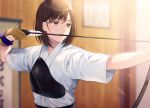  1girl archery archery_dojo arrow bangs blurry blurry_background bow_(weapon) brown_eyes brown_gloves brown_hair closed_mouth commentary_request depth_of_field eyebrows_visible_through_hair gloves holding holding_bow_(weapon) holding_weapon indoors japanese_clothes kimono kyuudou looking_away looking_to_the_side muneate noda_shuha original partly_fingerless_gloves short_sleeves solo upper_body weapon white_kimono yugake 