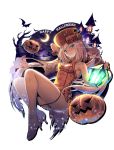  1girl armpits ass blonde_hair blue_eyes blush breasts china_dress chinese_clothes closed_mouth dress fingerless_gloves full_body gloves guilty_gear guilty_gear_xrd halloween hat highres jack-o&#039;-lantern long_hair looking_at_viewer migumigu millia_rage orange_headwear panties prehensile_hair sleeveless sleeveless_dress small_breasts smile solo thighs underwear very_long_hair 