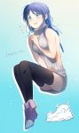  1girl aki_(neyuki41028) backless_outfit bangs black_legwear blue_background blue_eyes blue_hair blue_ribbon blush dress eyebrows_visible_through_hair full_body gradient gradient_background grey_sweater hair_ribbon hiradaira_chisaki long_hair looking_at_viewer meme_attire nagi_no_asukara open_mouth ribbed_sweater ribbon sitting solo sweater sweater_dress thigh-highs turtleneck turtleneck_sweater vest virgin_killer_sweater wavy_mouth white_background zettai_ryouiki 